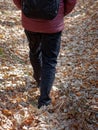 Lower body part of man walking on forest floor covered in leaves