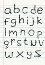 Lower case scribble alphabet on notebook paper