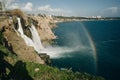 Lower Duden Falls drop off a rocky cliff falling from about 40 m into the Mediterranean Sea, Antalya, turkey Royalty Free Stock Photo