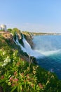 Lower Duden Waterfall in Antalya, Turkey. A beautiful landscape of waterfall, sea and city Royalty Free Stock Photo