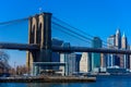 Lower Manhattan Downtown skyline panorama from Brooklyn Bridge Park riverbank, New York City, USA Royalty Free Stock Photo