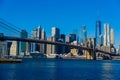 Lower Manhattan Downtown skyline panorama from Brooklyn Bridge Park riverbank, New York City, USA Royalty Free Stock Photo