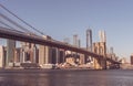 Lower Manhattan Downtown skyline panorama from Brooklyn Bridge Park riverbank, New York City, USA Royalty Free Stock Photo