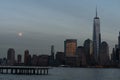 Lower Manhattan New York City Skyline seen from the Jersey City Waterfront with a Helipad during the Early Evening