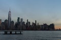 Lower Manhattan New York City Skyline seen from the Jersey City Waterfront with a Helipad during a Sunset Royalty Free Stock Photo