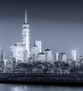 Lower Manhattan night skyline in black and white Royalty Free Stock Photo