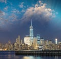 Lower Manhattan night skyline. View from Jersey City Royalty Free Stock Photo