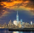 Lower Manhattan night skyline. View from Jersey City Royalty Free Stock Photo