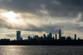 Lower Manhattan Skyline on the East River in New York City during Sunset Royalty Free Stock Photo