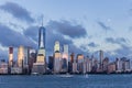 Lower Manhattan Skyline and moon rising at blue hour Royalty Free Stock Photo