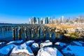Lower Manhattan skyline panorama in snowy winter time from Brooklyn Bridge Park riverbank, New York City, USA Royalty Free Stock Photo