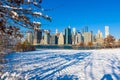 Lower Manhattan skyline panorama in snowy winter time from Brooklyn Bridge Park riverbank, New York City, USA Royalty Free Stock Photo