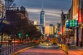 Lower Manhattan Skyline at Sunset from Chelsea Piers Royalty Free Stock Photo