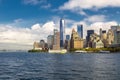 Lower Manhattan skyline view from ferry. New York City Royalty Free Stock Photo