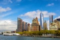 Lower Manhattan skyline view from ferry. New York City Royalty Free Stock Photo