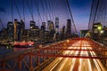 Lower Manhattan skyscrapers at Dusk and Brooklyn Bridge. Evening in New York City Royalty Free Stock Photo