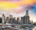 Lower Manhattan sunset skyline from Brooklyn Bridge Royalty Free Stock Photo