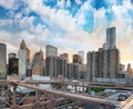 Lower Manhattan sunset skyline from Brooklyn Bridge Royalty Free Stock Photo