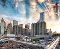 Lower Manhattan sunset skyline from Brooklyn Bridge Royalty Free Stock Photo