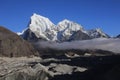 Lower part of the Ngozumba Glacier and snow covered mountains Cholatse and Tobuche, Nepal