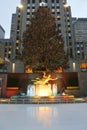 Lower Plaza of Rockefeller Center with ice-skating rink and Christmas tree in Midtown Manhattan Royalty Free Stock Photo