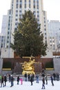 Lower Plaza of Rockefeller Center with ice-skating rink and Christmas tree in Midtown Manhattan Royalty Free Stock Photo