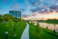 The Lower Scioto Greenway, and Scioto River at sunset, in Columbus, Ohio