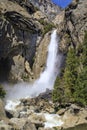Lower Yosemite Falls full of spring snowmelt water in Yosemite National Park