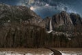 Lower Yosemite Falls with milky way night sky