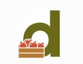 lowercase letter d with apple crate. fruit alphabet logotype. harvest and gardening design