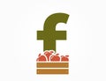 lowercase letter f with apple crate. fruit and organic food alphabet logo. harvest and gardening design