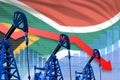 Lowering, falling graph on South Africa flag background - industrial illustration of South Africa oil industry or market concept.