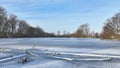 Ice pond wetland winter snow fens meadow, drone aerial lowland swamp Hrdiboricke ponds icy frozen, endangered habitat