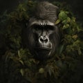 A Lowland Gorilla Head Wrapped In Green Leaves On A Background Of Leaves. Generative AI Royalty Free Stock Photo