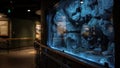 Lowlight indoor pathway highlighting a bat habitat under soft blue lighting with the enclosure glass in sharp focus and Royalty Free Stock Photo