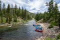 Lowman Idaho - July 1, 2019: Rafting tours put in rafts down the ramp at Boundary Creek area of Idaho, a popular spot for starting Royalty Free Stock Photo