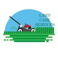 Lown care services flat background vector design. cutting grass with lawn mover.