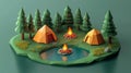 Lowpoly Camping Scene with Two Orange Tents and Bonfires by a Lake Royalty Free Stock Photo