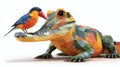 LowPoly 3D Crocodile and Bird Interaction Detailed Render of a Prehistoric Scene Royalty Free Stock Photo