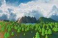 Lowpoly landscape Nature with mountains trees and clouds Sunset Background minimal animation 3d rendering