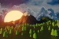 Lowpoly landscape Nature with mountains trees and clouds Sunset Background minimal animation 3d rendering