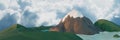 Lowpoly landscape Nature with mountains trees and clouds Sunset Background minimal panorama animation 3d rendering