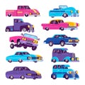 Lowrider auto retro car vector illustration. Set of colorful automobiles vehicle isolated on white background.. Flat Royalty Free Stock Photo