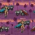Lowrider cars colorful vintage seamless pattern Royalty Free Stock Photo