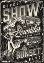 Lowrider cars show vintage monochrome poster