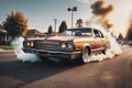 lowrider hispanic suburban carlifornian cultured tuned cars smoking drifting fishtailing in the street Royalty Free Stock Photo