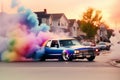 lowrider hispanic suburban carlifornian cultured tuned cars smoking drifting fishtailing in the street Royalty Free Stock Photo