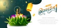 Loy Krathong Festival in Thailand banner design with Thai calligraphy of `Loy Krathong Festival`, full moon,lanterns and copy spac