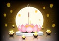 Loy Krathong Festival. Abstract scene. Krathong-made from lotus petals stand on white pedestal decorative with moon, lanterns.