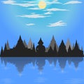 Loy krathong festival silhouette temple blue mode buddha culture moon asia thailand night river siam sky religion vector